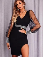 wywmy summer fashion mesh sequins dress women 2022 new socialite noble slit black bodycon dress for party sexy v neck mini dress