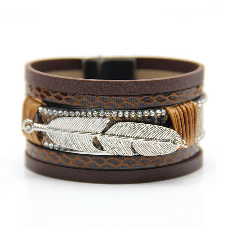 

Bohemian Style Feather Leather Woven Women's Multilayer Bracelet with Magnetic Clasp Leaf Bangle