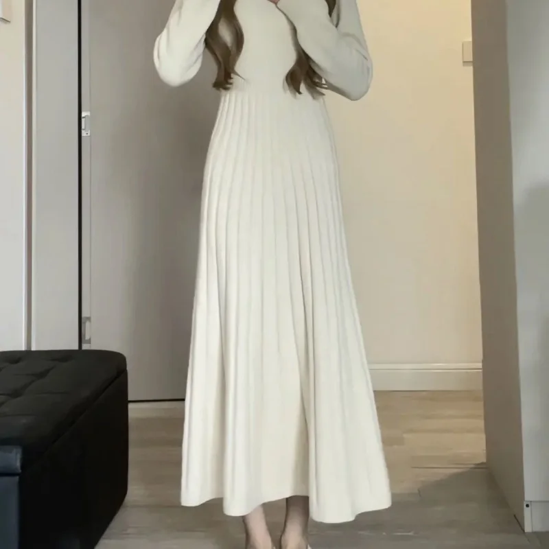 

Vertical Stripe Gentle Wind Knit Long Sleeve Small Square Collar Dress Female Sexy Dress