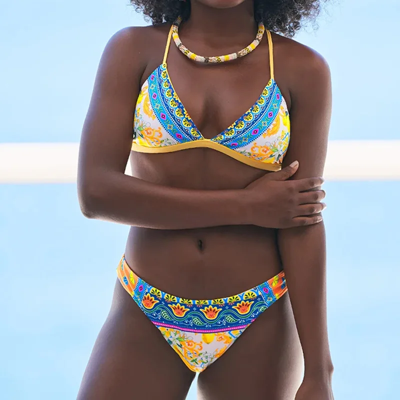 

Sexy Floral Printed Tethered Triangle Swimsuit Two-piece Bathing Suits Women Thong Bandage Swimwear Backless Gathered Beachwear
