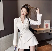 elegant soild dress female korean sashes long sleeve one piece dress office lady fall winter 2021 women blazer mini party dress