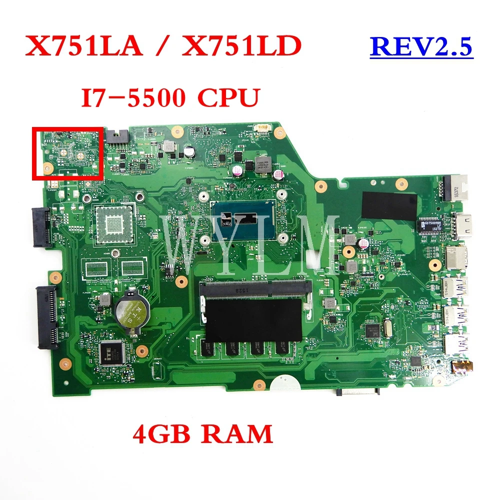 

X751LA I7-5500CPU 4GB RAM mainboard REV2.5 For ASUS X751L X751LAB R752L R752LD R752LN X751LD X751LJ DDR3 Laptop motherboard