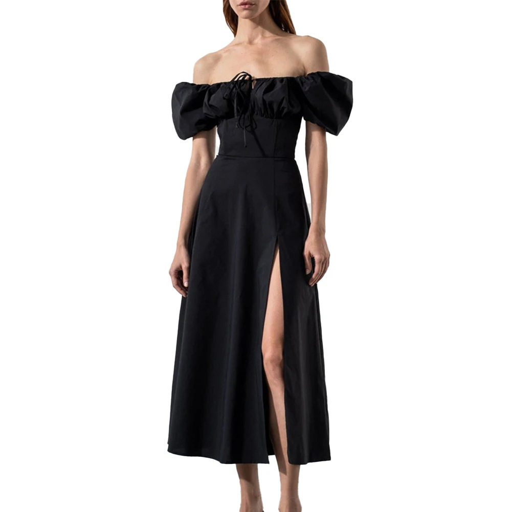 

Puff Short Sleeve Women Summer Midi Dress Square Collar High Waist A-line Off Shoulder Casual Dresses Vestidos