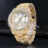 full diamond gold mens watch week display hardlex water resistant quartz wristwatches complete calendar automatic date clock