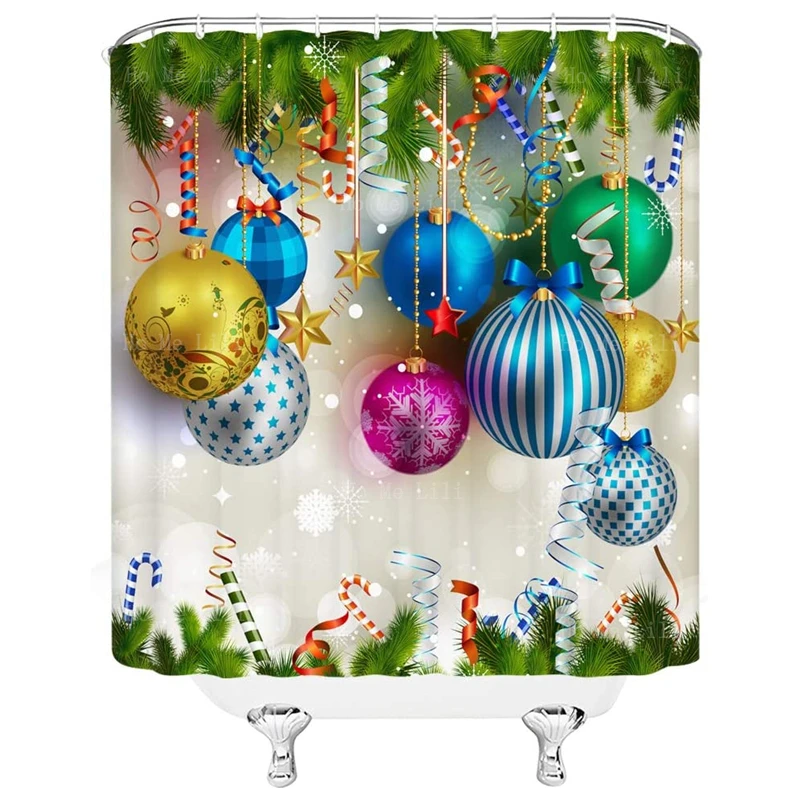 

Merry Christmas Cute Cartoon Shower Curtain Colorful Xmas Balls Hang On Green Pine Branches Happy New Year Decor