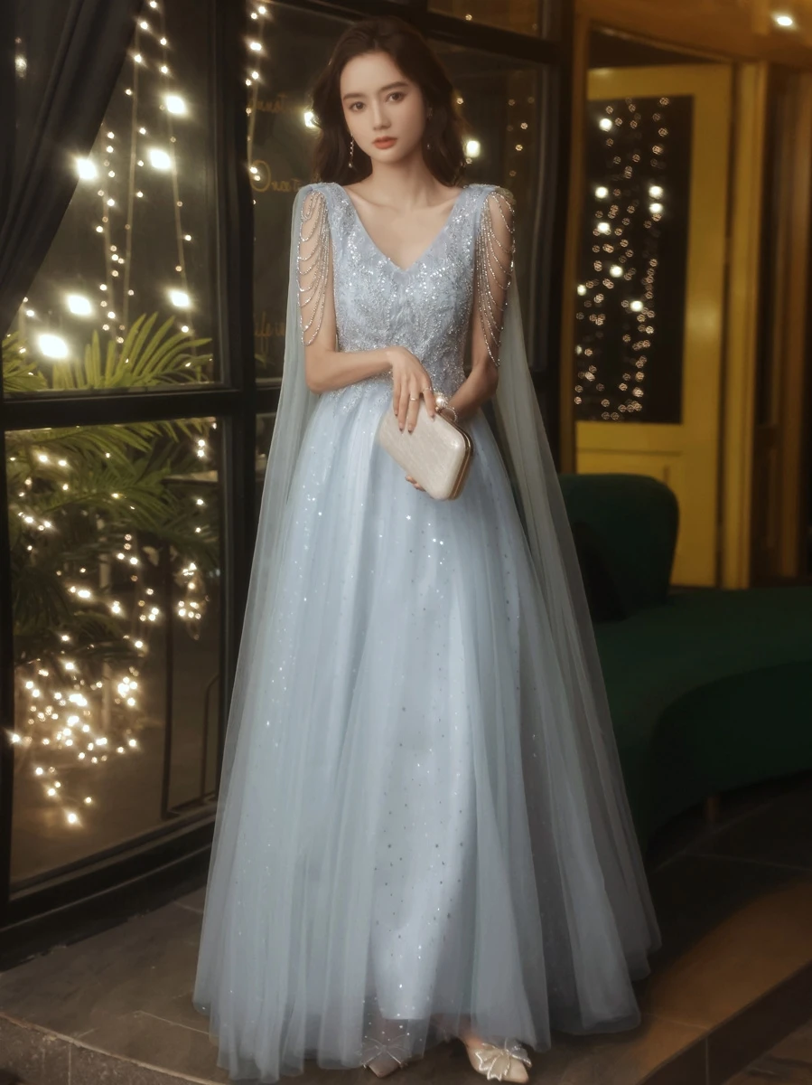 

Elegant Gray Prom Dresses Long 2022 Shoulder Straps V-Neck A-Line Floor-Length Tulle Women Evening Gowns With Beading