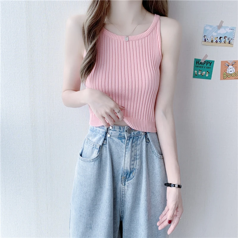 

Women Fashion Suspenders Vest Female Y2k Tops Ladies Knitted Camisole Summer All-match Crop Sexy Backless Sleeveless Tanks 3035G