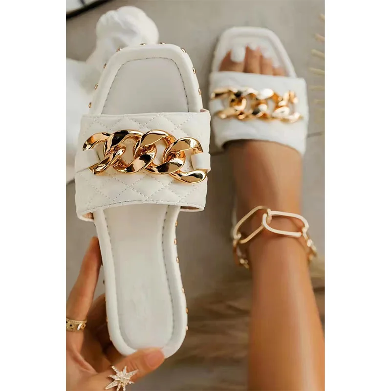 

Women's Summer Slippers Open Toe Flat Sandals big Metal Chain PU leather Slides Shoes