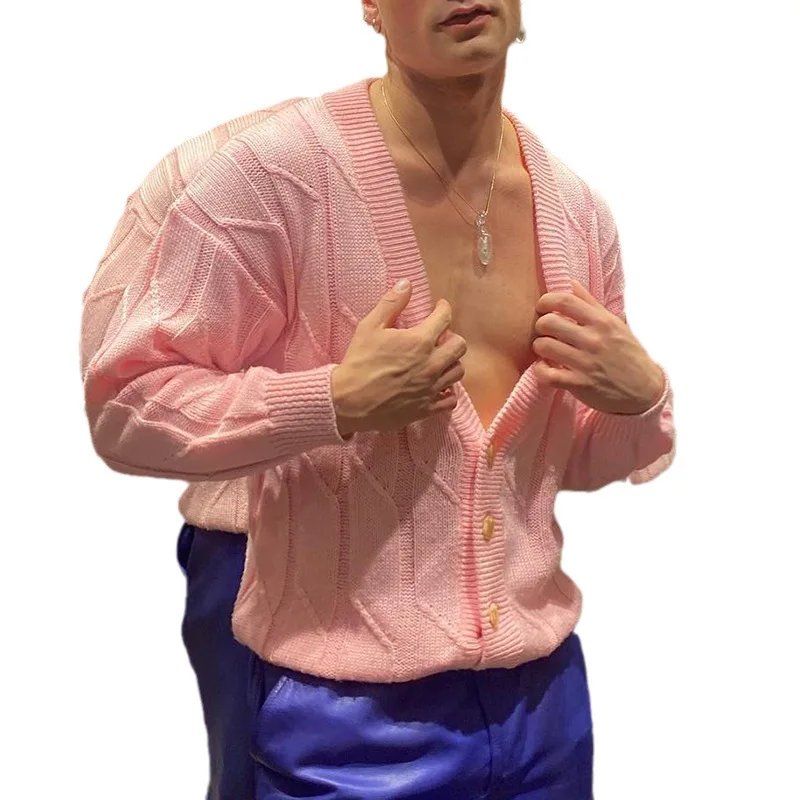 Повседневный свободный розовый свитер кардиган мужские трикотажные куртки