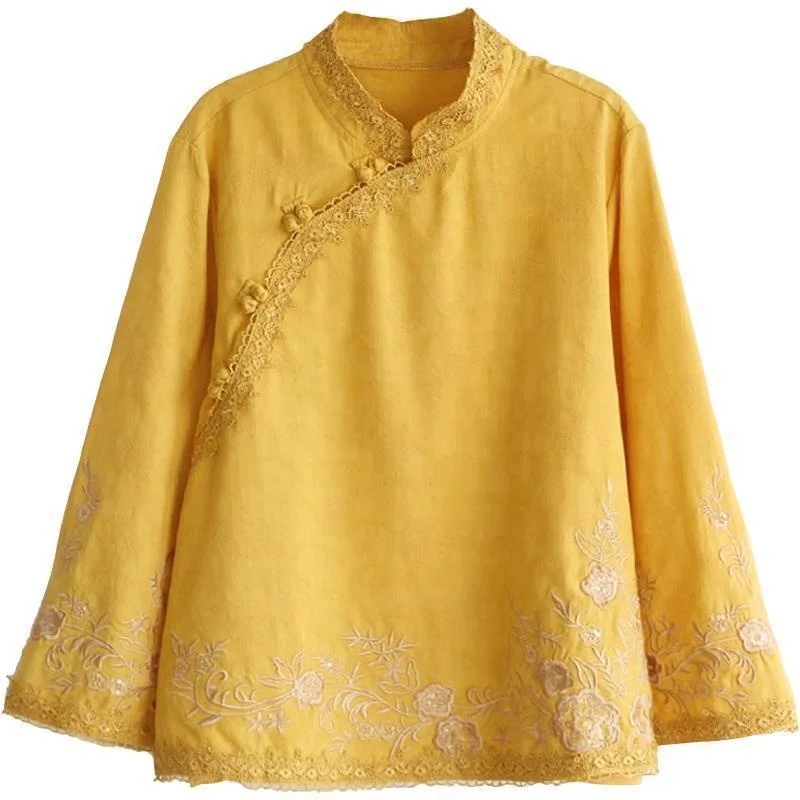 Рубашка из хлопка и льна 4XL Женская весенняя этническая блузка Харадзуку Танг Винтажная вышивка Свободный Китайский традиционный стиль НОВАЯ.