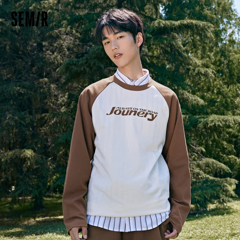 

Semir 2023 Men T-shirt Long-sleeved T-shirt Autumn New Loose American Retro Raglan Sleeve Printed Top for Streetwear Top for Men