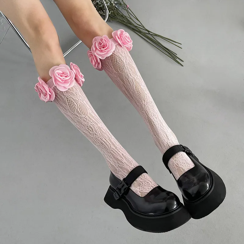 Woman Camellia Pile Socks Summer Japanese Sweets Lace Stockings E Girl Aesthetic Ladies Pink White Green Designer Socks Long 1pc