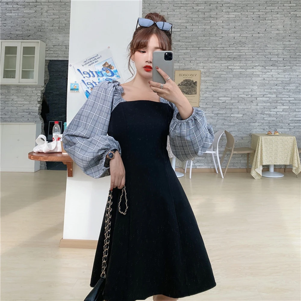 

Новое летнее платье, корейское клетчатое платье с открытыми плечами, маленькая и тонкая короткая юбка, французская нежная универсальная юбка для девушек