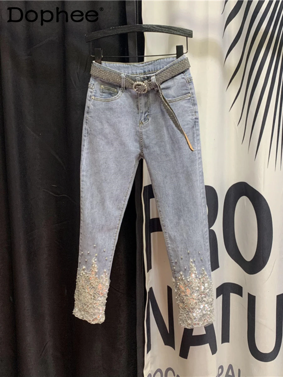 

Heavy Beads Embroidered Flowers Denim Ankle-Length Pants 2022 Summer New Fashion Cotton Stretch Skinny Jeans Female High Street