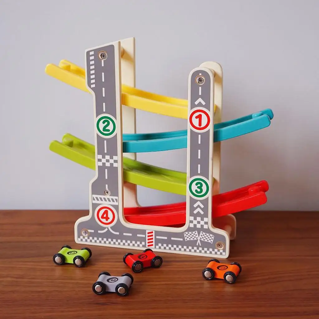 

Prettyia Wooden Click Clack Ramp Race Track Playset