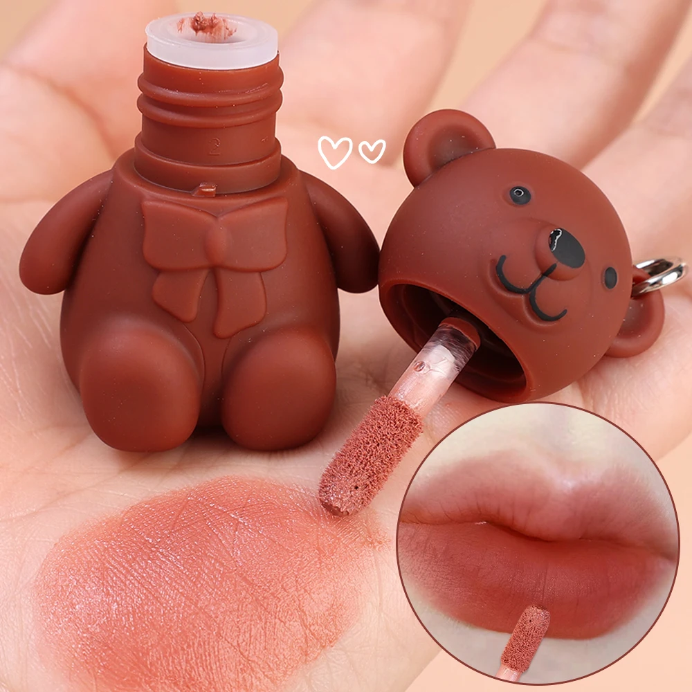 

Cute Bear Keychain Lip Mud Matte Velvet Mousse Grey Pink Lipstick Waterproof Long Lasting Non-Stick Cup LipGloss Korean Cosmetic