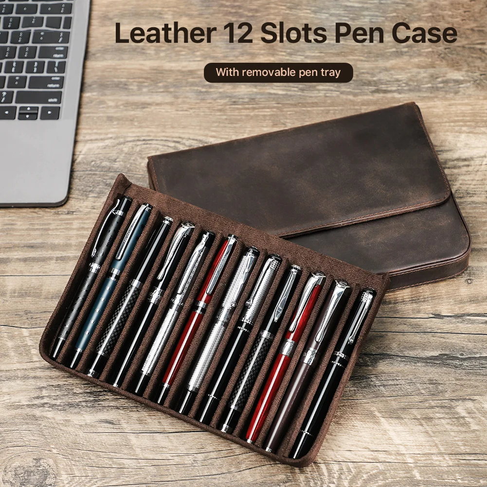 Tanie Handmade Retro Skóra Crazy Horse 12 Slotów Piórnik Pen Organizer Pudełko Do Przechowywania Dorosłych Mężczyzn Biuro Luksusowe Artykuły Papiernicze O Dużej Pojemności