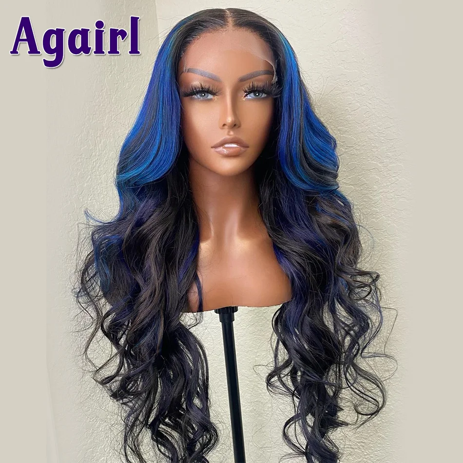 Ombre Blue Transparent 13x6 13x4 Lace Frontal Human Hair Wigs Highlight Blue Body Wave 5x5 Lace Closure Wigs Pre Pluck for Women