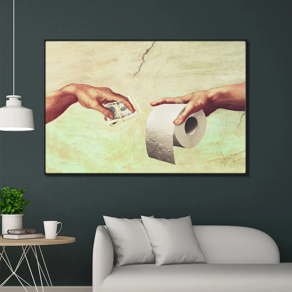

Hands Holding Dollars and Toilet Paper Posters Wall Art Canvas Prints Retro Finger Paintings for Living Room Home Decor Pictures