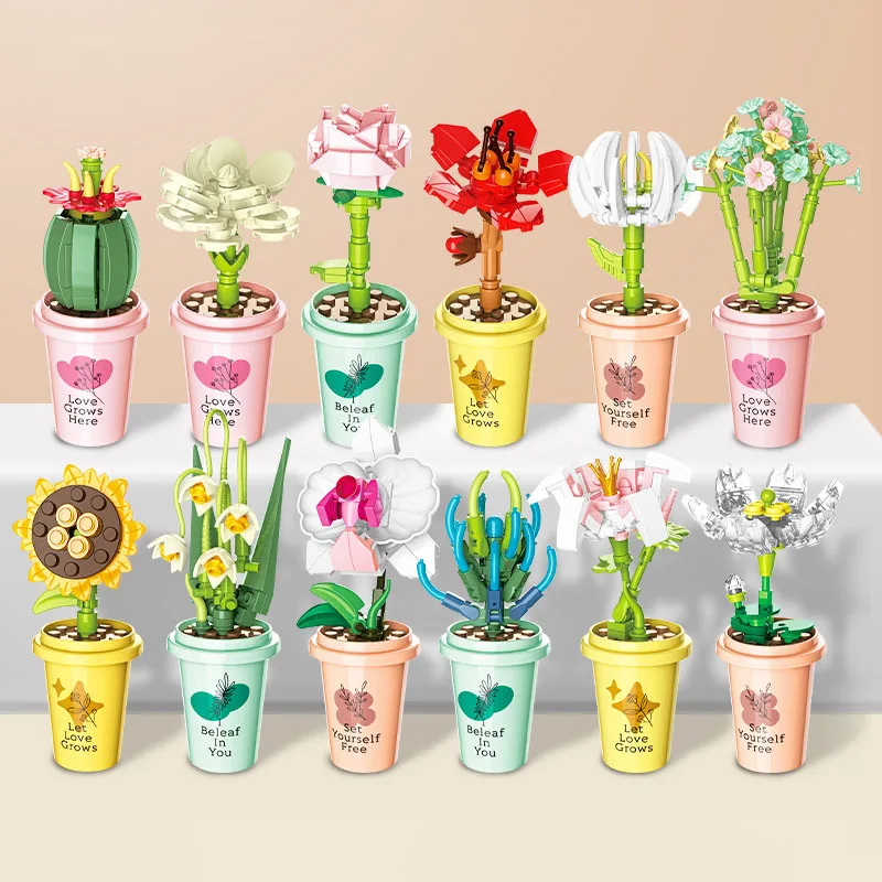 

MOC Flower Building Blocks Toys Mini Cup Succulents Potted Plant Rose Desktop Decoration Ornaments Assembly Toys Collection Gift