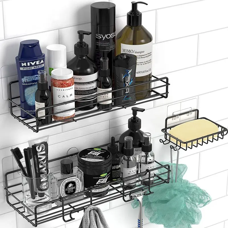 

3-Pack Shower Caddy Basket Shelf with Soap Holder, No Drilling Traceless Adhesive Shower Wall Shelves, Rustproof Black Bathroom