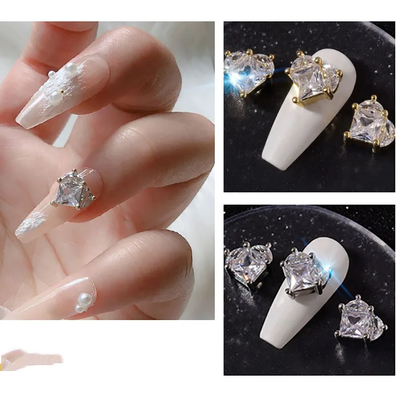 

Luxury Heart Nail Art Zircon Gem Stones Gold/Sliver Frame Designer Diamond Charms For Valentine's Day Romantic Nail Decoration