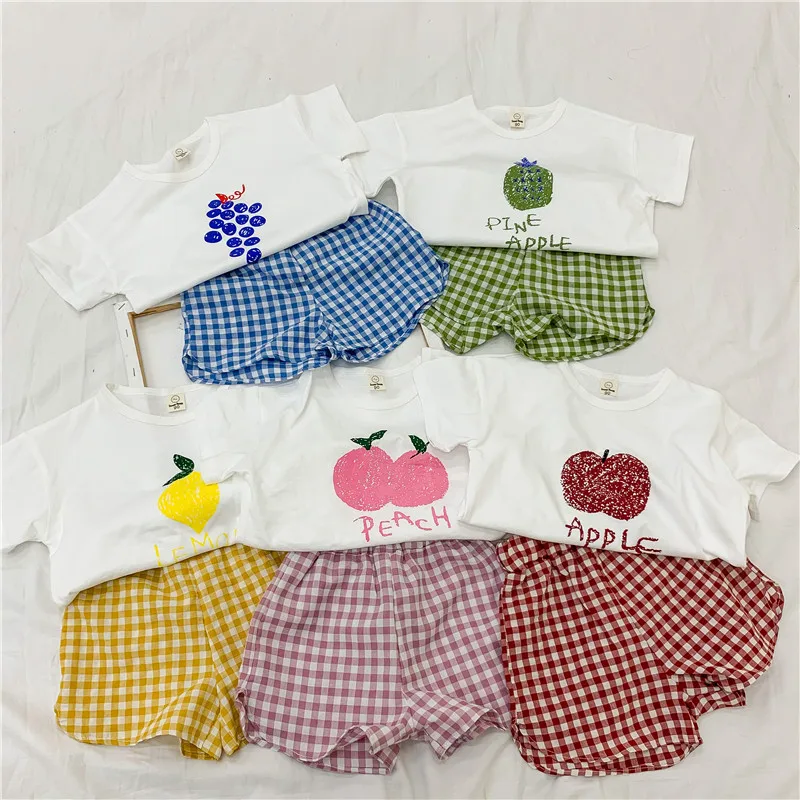 Summer 2022 Children Clothing Sets Fruit Shirts+plaid Shorts Clothes Cotton Boys Sports Sets Girls Outfits Kids Tracksuits 1-6T