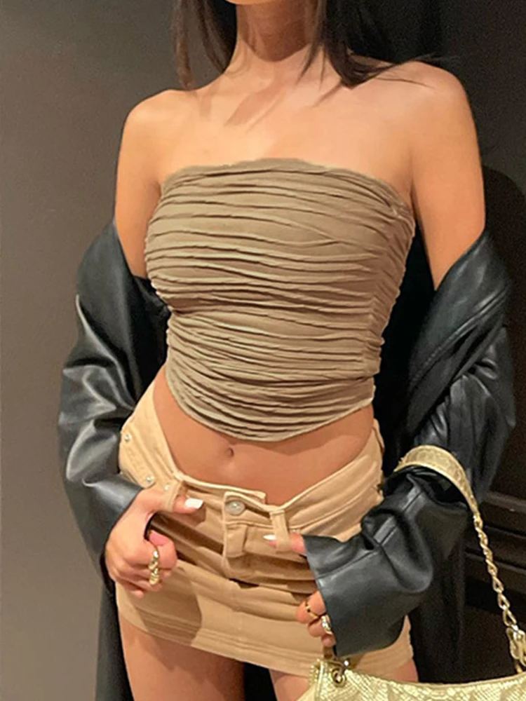 

Nadafair, летний сексуальный топ с оборками, женские топы Y2K, с открытыми плечами, на груди, цвета хаки, тощий укороченный топ, 2022, шикарная улична...