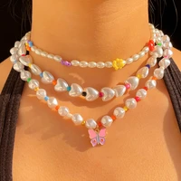 boho vintage flower heart pearl beaded choker necklace for women colorful beads butterfly pendant necklaces fashion jewelry new