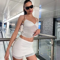 gauze spaghetti strap solid white sleeveless backless sexy dresses two pieces women set summer vocation