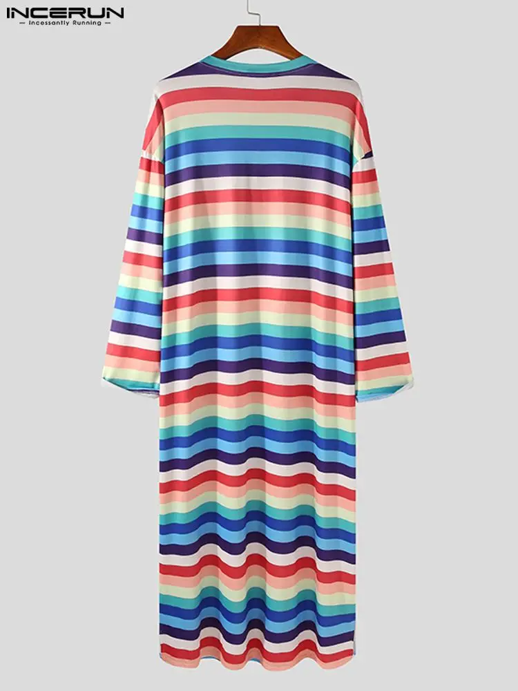 Long Sleeve O Neck Comfy Sleep Robes INCERUN Men Colorful Striped Sleep Robes Spring Man Casual Button Homewear Gown Plus Size