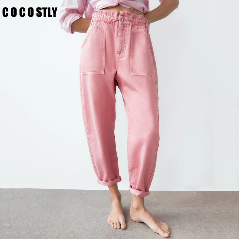 

Cargo Pants Women Pink Loose Jeans Woman Casual Elastic waist Folds Decorate Pocket High Waist Trousers pantalon pour femme