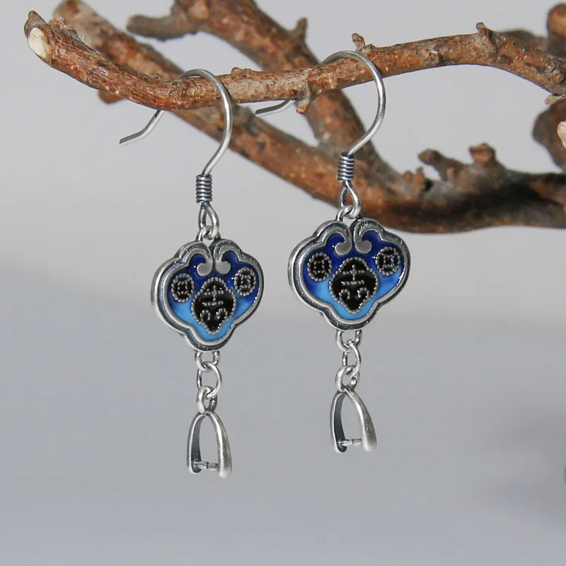 

Burnt Blue Ear Hook Women's Sterling Silver Epoxy Technology Vintage Auspicious Earrings Handmade DIY Ethnic Earrings