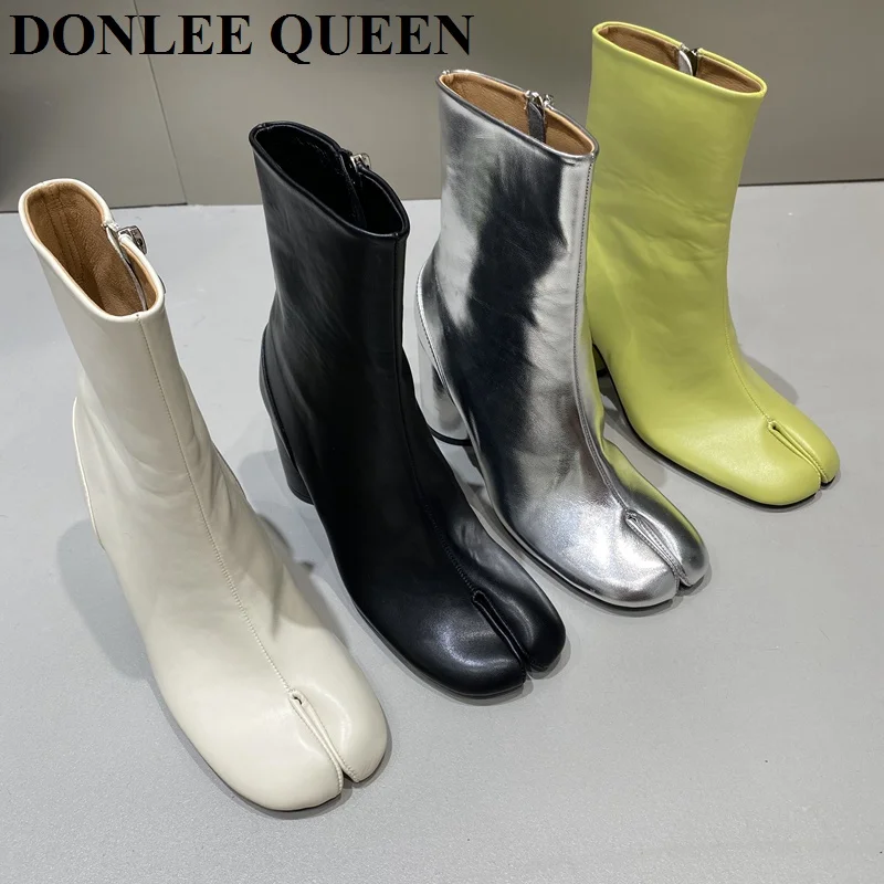 

2022 New Brand Design Fashion Split Toe Ankle Boots Women Chunky Round High Heel Short Booties Thin Ninja Tabi Side Zipper Shoes