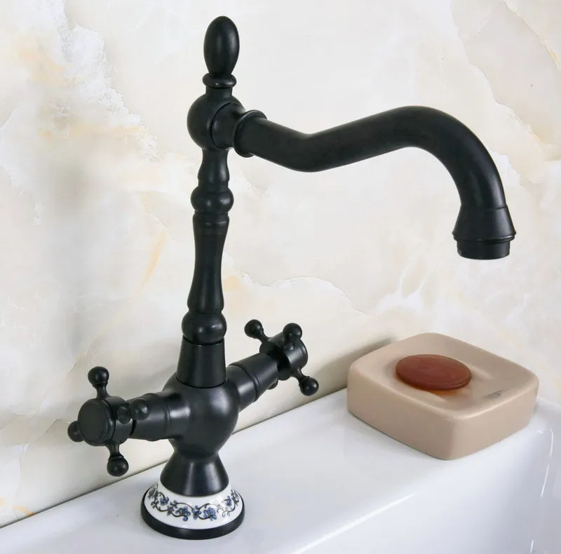 

Black Oil Rubbed Bronze Dual Cross Handles Bathroom Kitchen Basin Sink Faucet Mixer Tap Swivel Spout Deck Mounted mnf646
