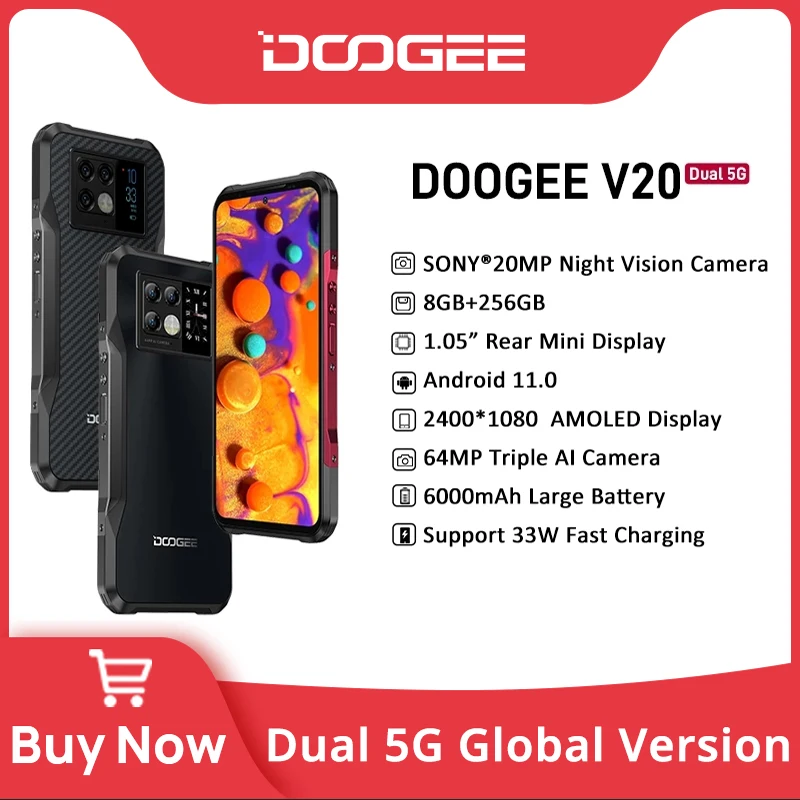 [World Premiere] DOOGEE V20 5G 6.43FHD AMOLED Display Innovative Rear Display Rugged Phone 8+256GB 64MP Camera 6000mAh Phone