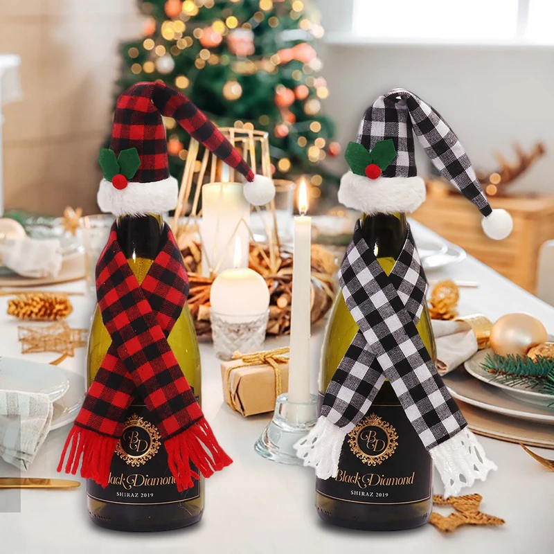 

LuanQI 2022 New Christmas Wine Bottle Set Red white And Black Checkered Bottle Cover Xmas Decoration For Home Noel Navidad Gifts