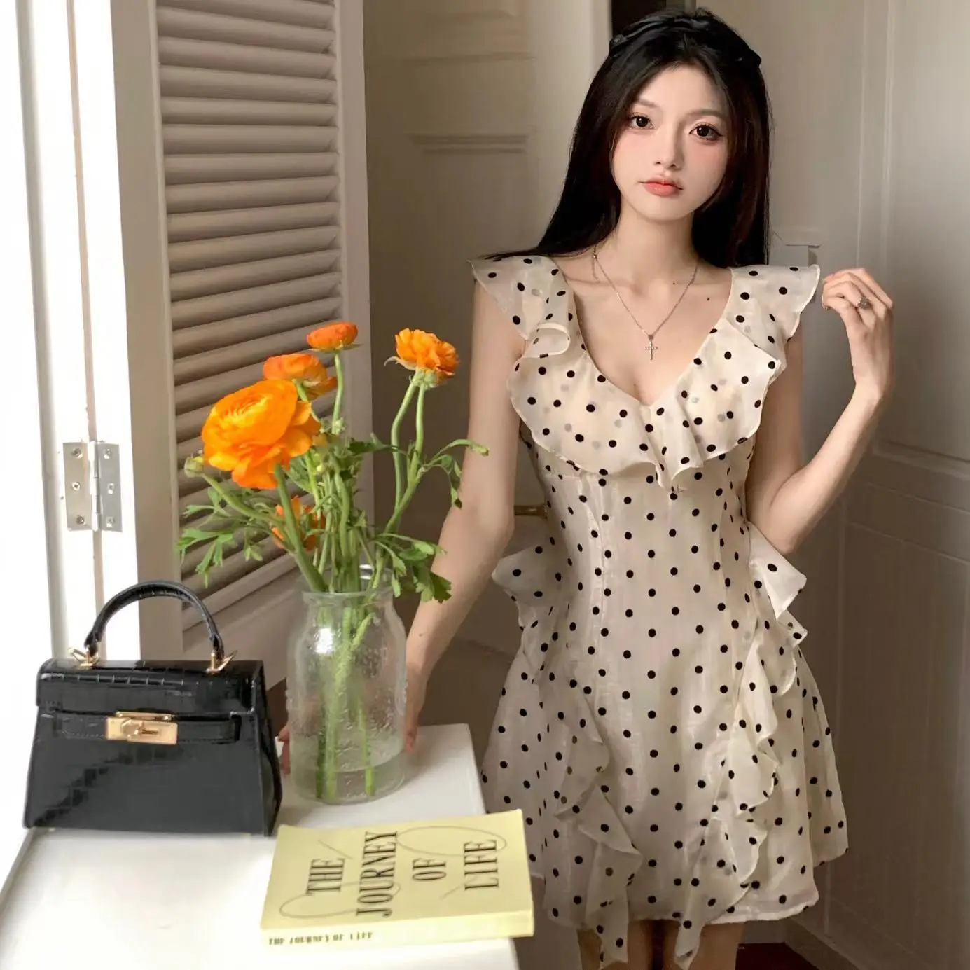 

Polka Dot Chiffon Dress Women's Clothing Design Sweet Lotus Leaf Dresses Summer Slim Waist Temperament A-line Short Dresses