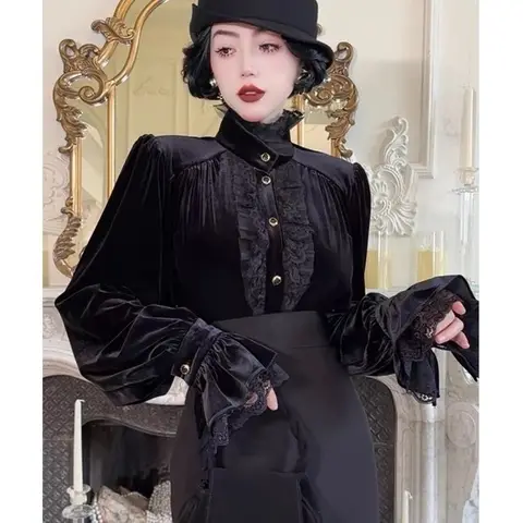 Black Ruffled Lace Trumpet Sleeve Shirt for Women Autumn Velvet Button Bow Stitching Elegant Cardigan All-match Shirt