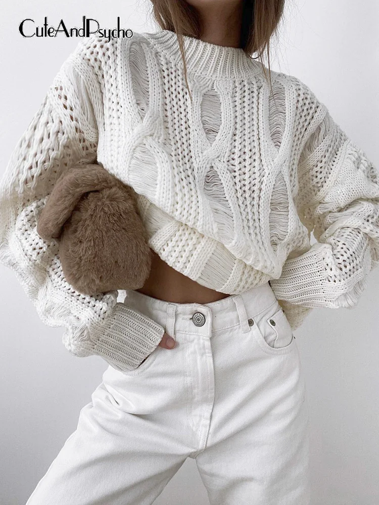 

Cuteandпсихосплошные свитера для отдыха для женщин модная шикарная Свободная белая трикотажная одежда Осень корейский 90-х Базовая вязаная тка...