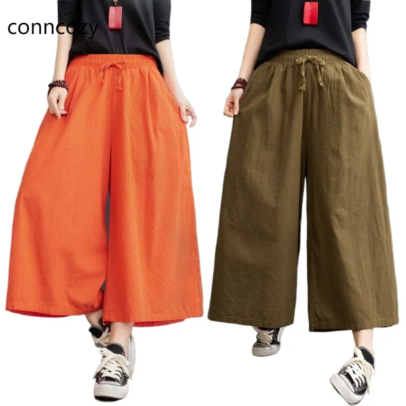 Брюки женские из хлопка и льна с широкими штанинами тонкие свободные льняные