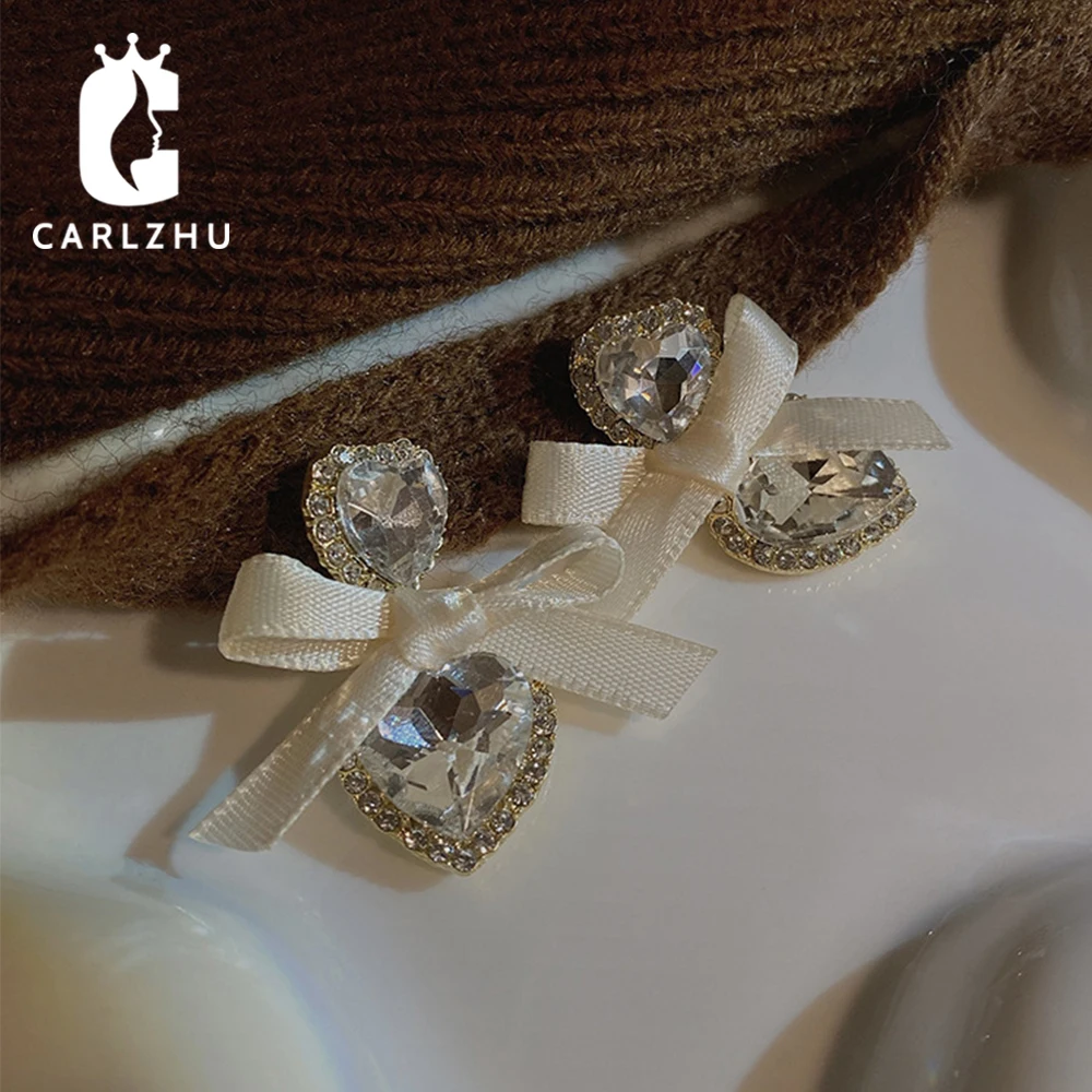 

Classic Sliver Color Ribbon Bow Zirconia Crystal Heart Drop Earrings For Women Romantic Wedding Jewelry For Brides Bridesmaid