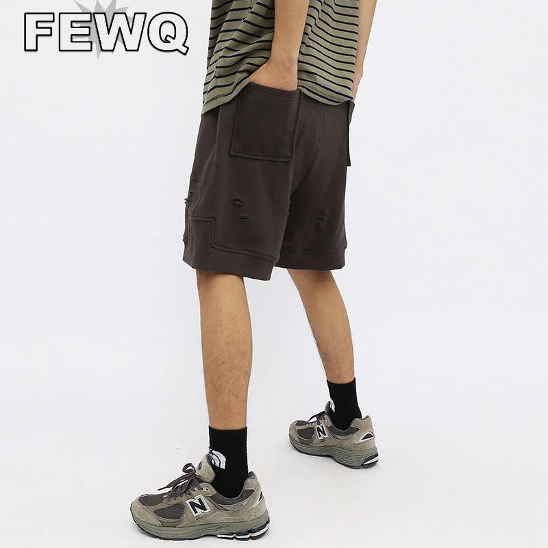 

Мужские рваные шорты FEWQ, однотонные повседневные уличные свободные короткие брюки на шнуровке, винтажные брюки, новинка весны 2023, 24B1183