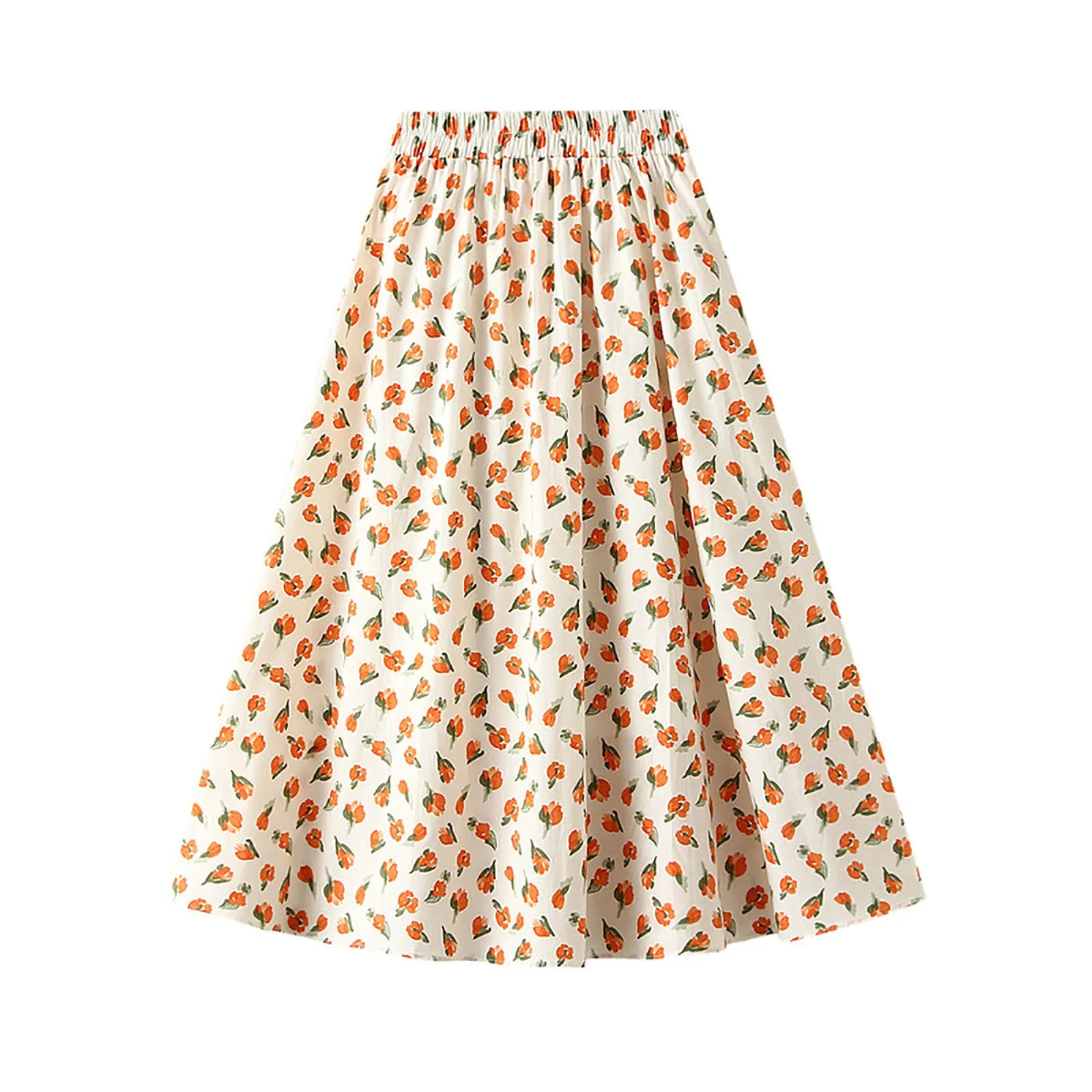 

Floral Printed Midi Skirt High Waisted A Line Skirt Elastic Waist Skirt With Pockets Summer Pleated Skirt Long Swing Sheer Skirt