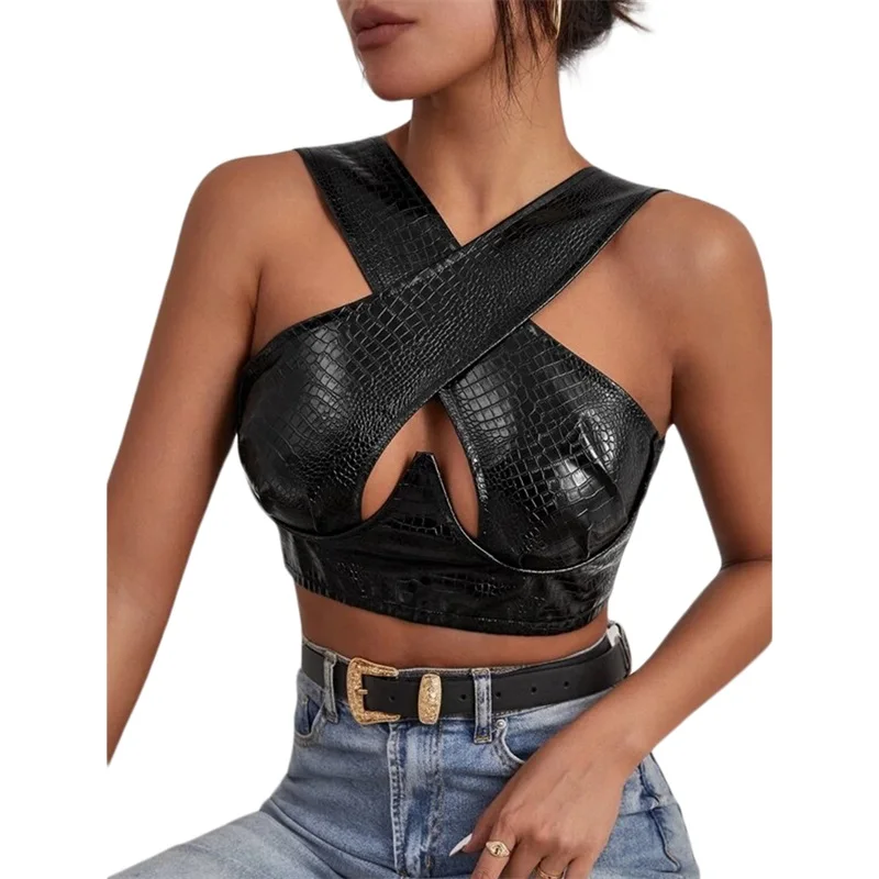 

Women Sexy Crisscross Halter Tank Tops PU Leather Sleeveless Backless Hollow Out Vest Summer Y2K Bustier Corset Top Streetwear