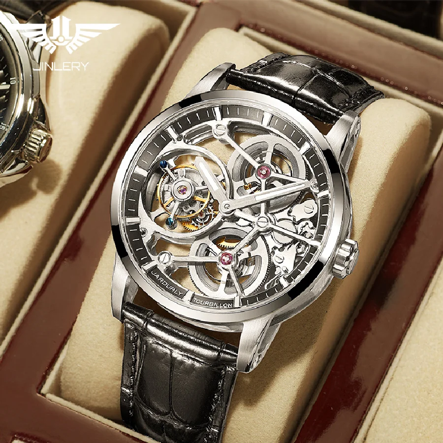 

JINLERY Flying Tourbillon Watches Automatic Mechanical Watch for Men Skeleton Luxury Men Wristwatches Leather Strap Relogio Masc