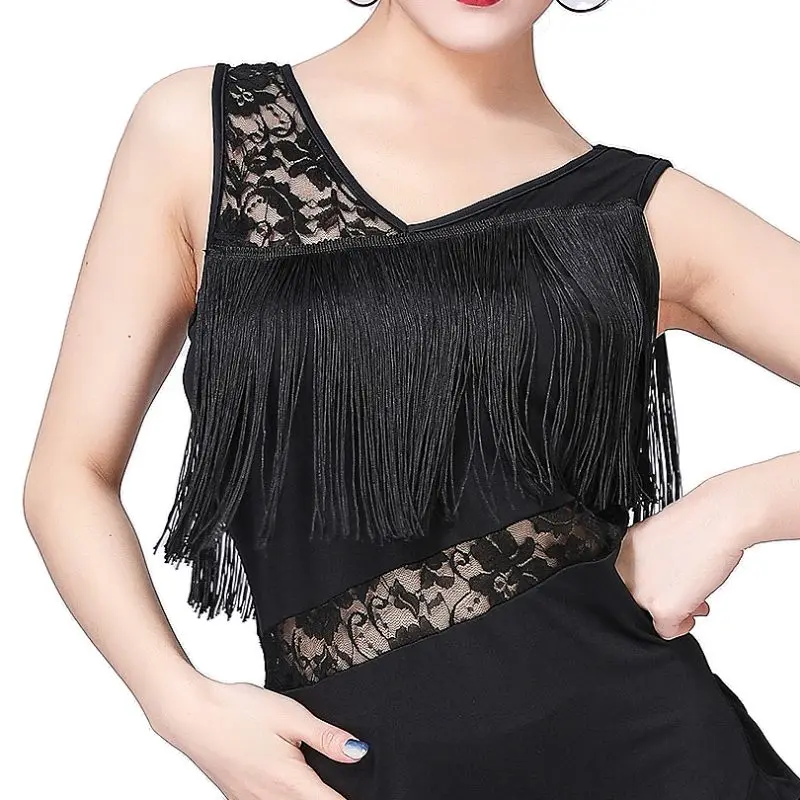 Women Dace Dress Lace Vest V-Neck Sleeveless Fringed Latin Dancing Performance Exercise Clothes