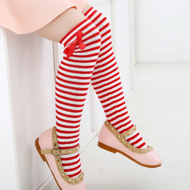 Calcetines hasta la rodilla para bebés y niños pequeños, medias deportivas con lazo para primavera y otoño, de princesa a rayas blancas y rojas, de 1 a 8 años