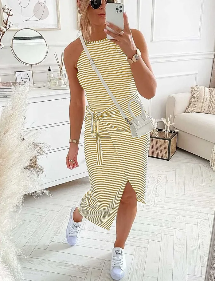 

Midi Dress Summer Woman 2022 Striped Casual Sexy Off Shoulder Women's Sleeveless Vest Waist Tie Beach Dresses