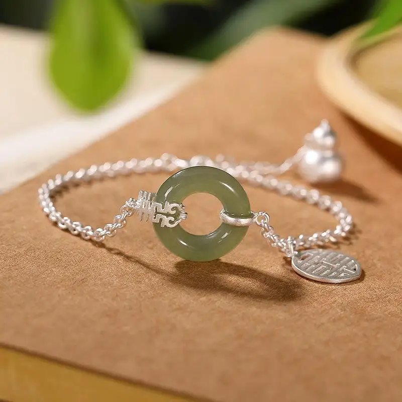 

New S925 Sterling Silver Natural Hetian Jade Bracelet Internet Celebrity Dream Girl with Gourd Double Happiness Peace Buckle Anc